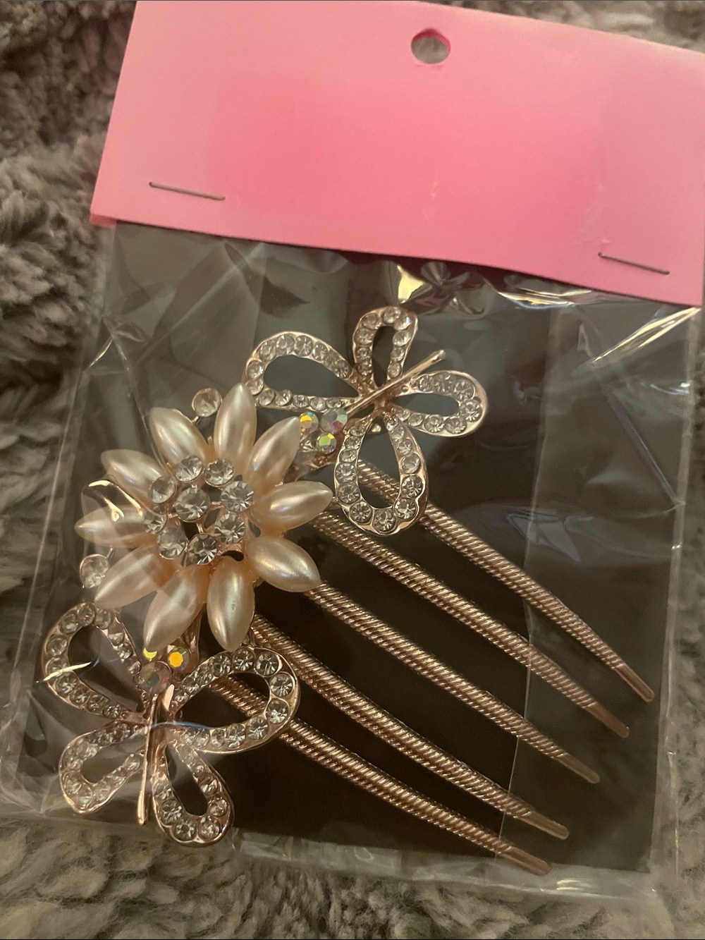 Pearl & Rhinestone Floral Butterfly Hair Comb - Rose Gold